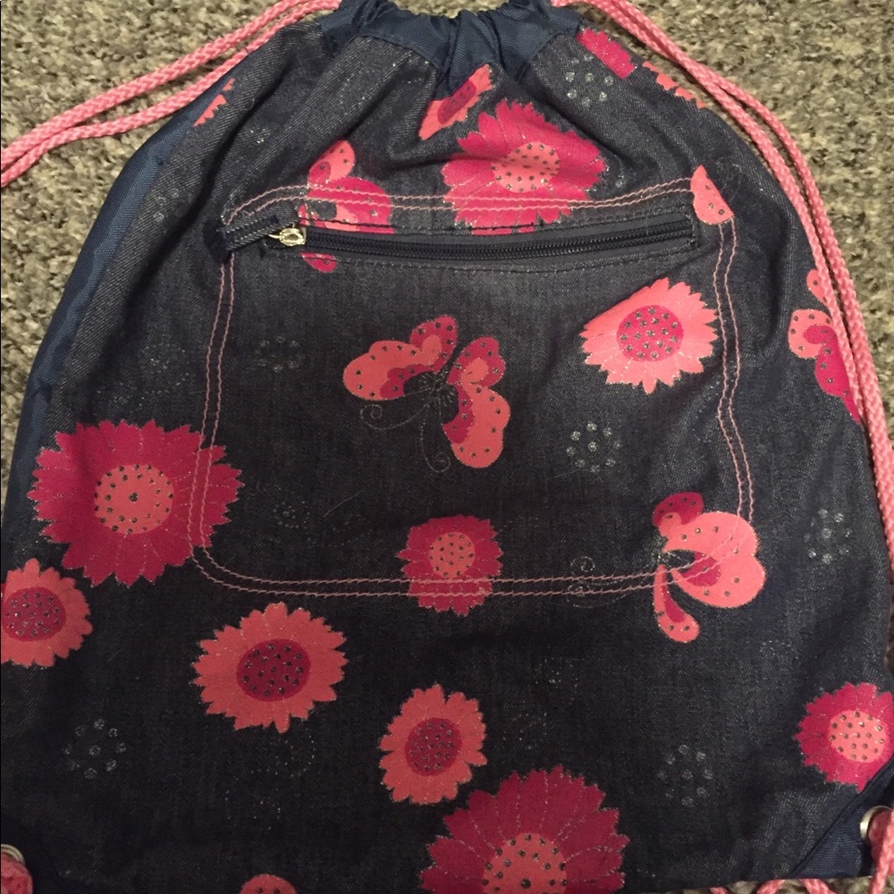 🦋 Navy Blue & Pink Floral Drawstring Bag